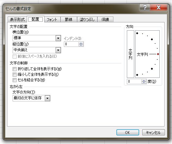 セルの書式設定→配置