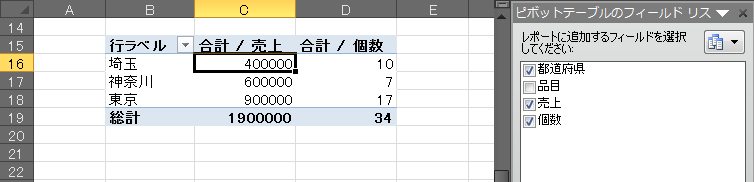 ピボットテーブル 実行後